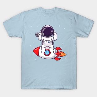 Cute Astronaut Lifting Dumbbell On Rocket Cartoon T-Shirt